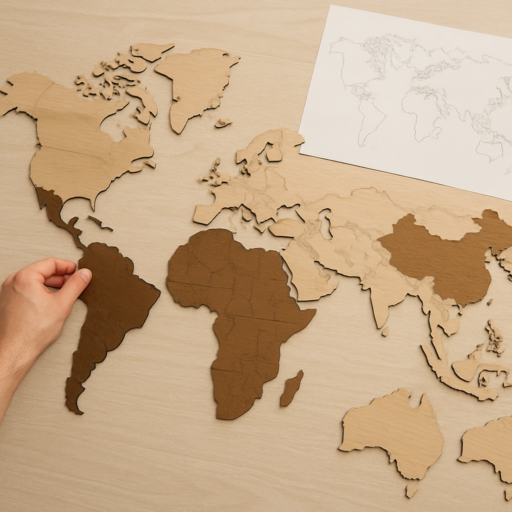 wooden world map wall decor